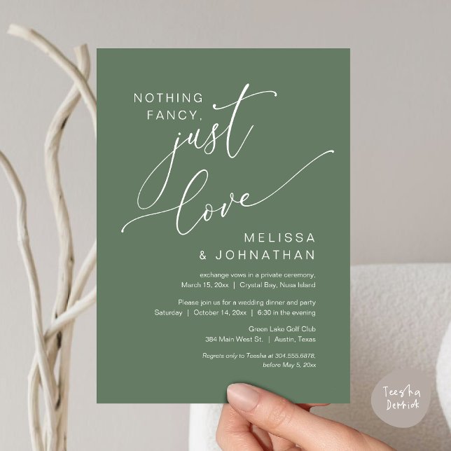 Convites Nada de Luxo, Apenas Amor, Casamento Intimo (Nothing Fancy, Just Love, Wedding Elopement Invitation Card, PDF, Greenery Sage Green)