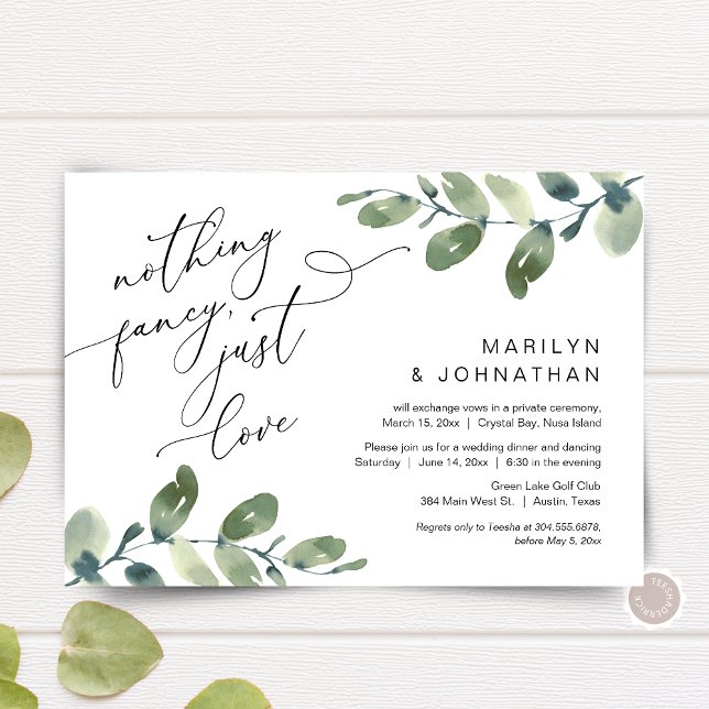 Convites Nada de Luxo, Apenas Amor Casamento Jantar Verde (Nothing Fancy, Just Love, post Wedding Elopement Dinner Invitation, in Eucalyptus Greenery themed)