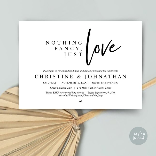 Convites Nada de luxo, apenas amor, Jantar de Casamento Int (Nothing Fancy, Just Love, Wedding Elopement Dinner Invitation Card, PDF, in Black and White)