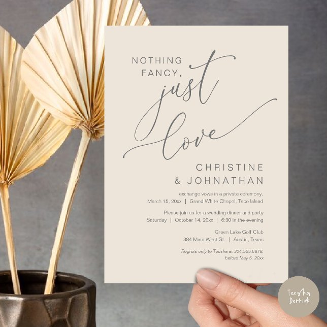 Convites Nada de luxo, apenas amor, Jantar de Casamento Int (Nothing Fancy Just Love Wedding Elopement Dinner Party Lunch Brunch Invitation Card, PDF, Grey Cream)