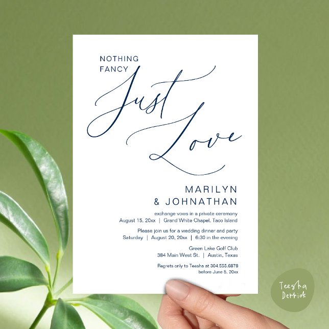 Convites Nada de Luxo, Apenas Amor, Jantar de Casamento Int (Nothing Fancy, Just Love, Wedding Elopement Dinner Brunch Lunch Party Invites Card PDF, Navy Blue)