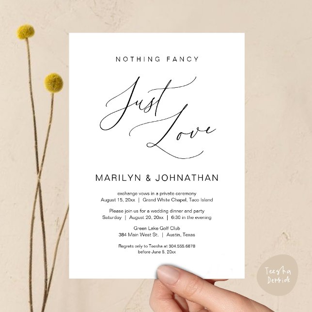 Convites Nada de Luxo, Apenas Amor, Jantar de Casamento Int (Nothing Fancy, Just Love, Wedding Elopement Dinner Brunch Lunch Party Invites Card PDF, Black White)