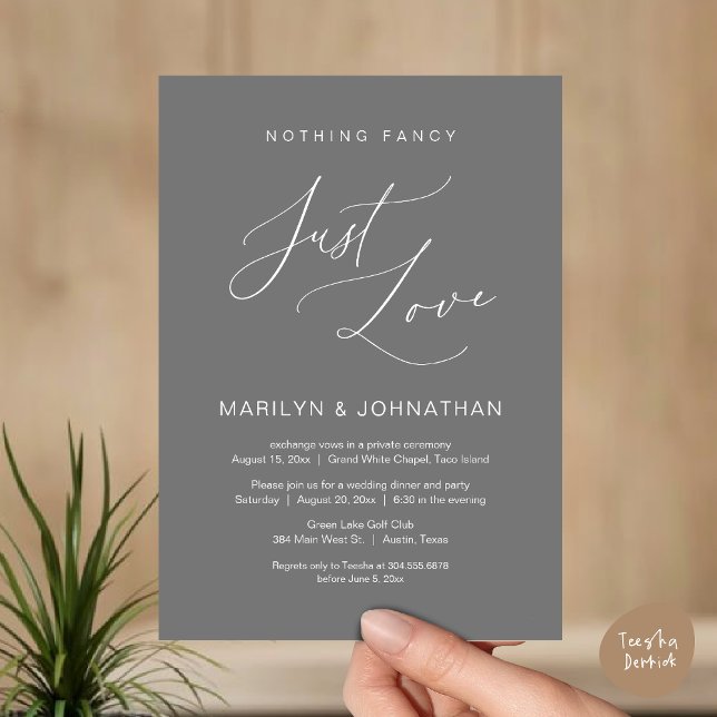 Convites Nada de Luxo, Apenas Amor, Jantar de Casamento Int (Nothing Fancy, Just Love, Wedding Elopement Dinner Brunch Lunch Party Invites Card PDF, Dark Grey)