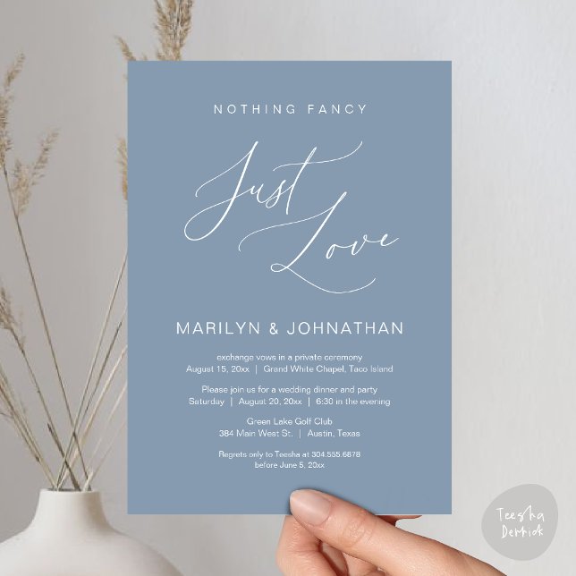 Convites Nada de luxo, apenas amor, Jantar de Casamento Int (Nothing Fancy, Just Love, Wedding Elopement Dinner Brunch Lunch Party Invites Card PDF, Dusty Blue)
