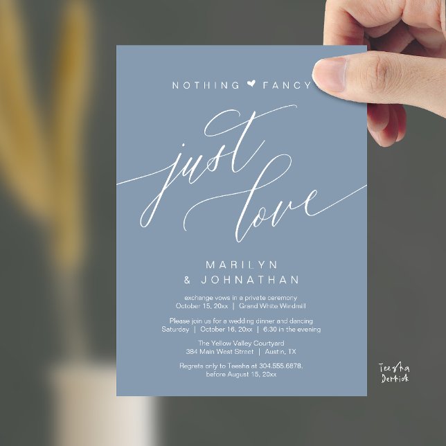 Convites Nada de Luxo, Apenas Amor Jantar de Casamento Mini (Nothing Fancy Just Love Modern Wedding Reception Dinner Invitation Card in Dusty Blue)