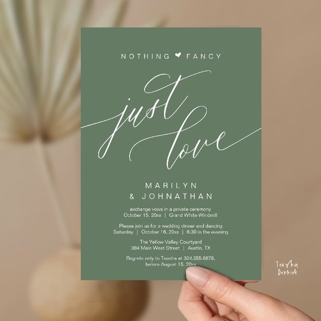Convites Nada de Luxo, Apenas Amor Jantar de Casamento Mini (Nothing Fancy Just Love Modern Wedding Reception Dinner Invitation Card in Sage Green)