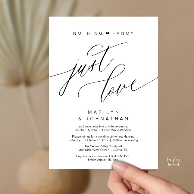 Convites Nada de Luxo, Apenas Amor Jantar de Casamento Mini (Nothing Fancy Just Love Modern Wedding Reception Dinner Invitation Card in Black and White)