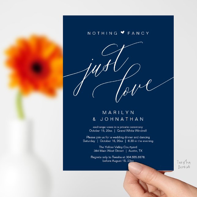 Convites Nada de Luxo, Apenas Amor Jantar de Casamento Mini (Nothing Fancy Just Love Modern Wedding Reception Dinner Invitation Card in Navy Blue)