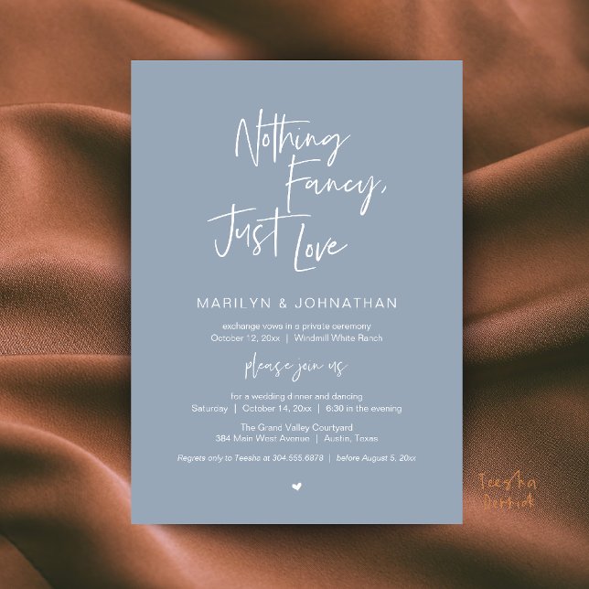 Convites Nada de Luxo, Apenas Amor Jantar de Casamento Mini (Nothing Fancy Just Love Minimalist Wedding Dinner Invitation Card in Dusty Blue)