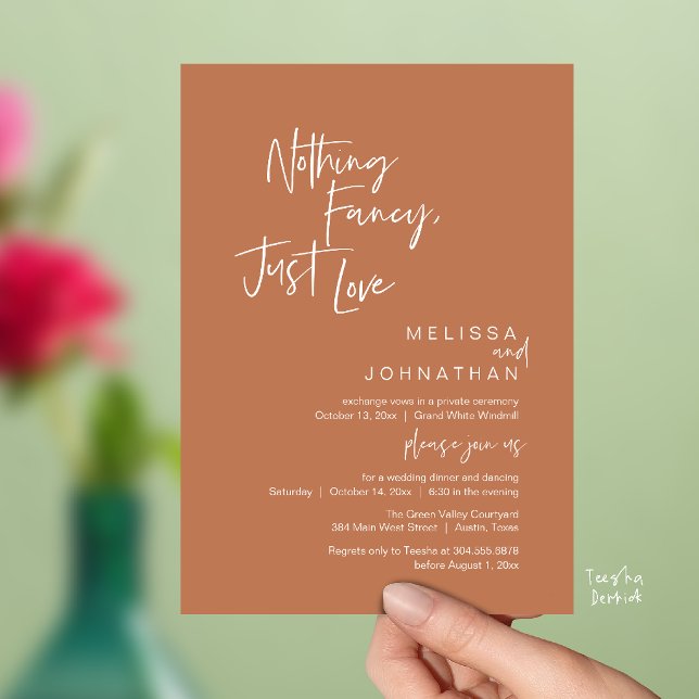 Convites Nada de Luxo, Apenas Amor, Jantar de Casamento Mod (Nothing Fancy Just Love, Modern Wedding Dinner Invitation Card in Copper Terracotta Brown)