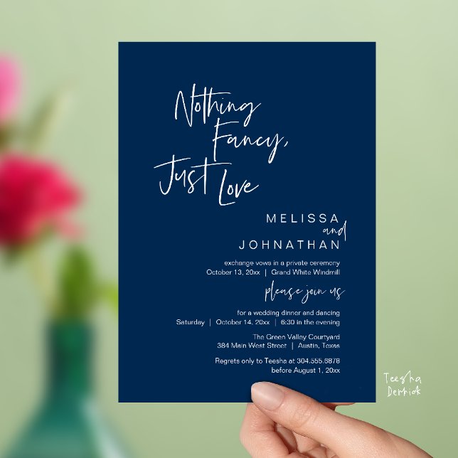 Convites Nada de Luxo, Apenas Amor, Jantar de Casamento Mod (Nothing Fancy Just Love, Modern Wedding Dinner Invitation Card in Navy Blue)