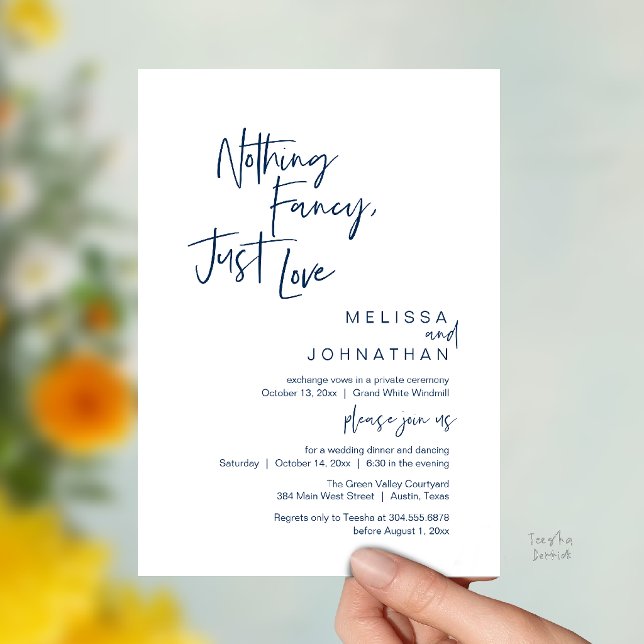 Convites Nada de Luxo, Apenas Amor, Jantar de Casamento Mod (Nothing Fancy Just Love, Modern Wedding Dinner Invitation Card in Navy Blue)