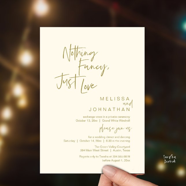 Convites Nada de Luxo, Apenas Amor, Jantar de Casamento Mod (Nothing Fancy Just Love, Modern Wedding Dinner Invitation Card in Gold Cream Yellow)