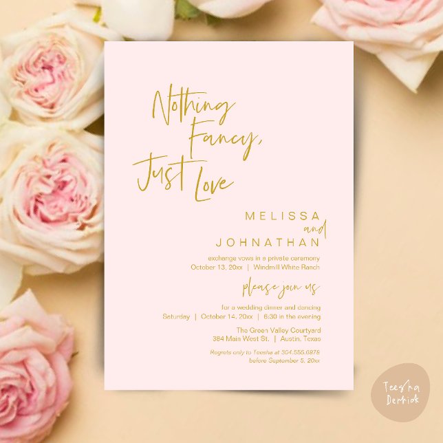 Convites Nada de Luxo, Apenas Amor, Jantar de Casamento Mod (Nothing Fancy Just Love, Modern Wedding Reception Dinner Lunch Brunch Invites Card Yellow Gold Blush)