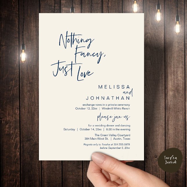 Convites Nada de Luxo, Apenas Amor, Jantar de Casamento Mod (Nothing Fancy Just Love, Modern Wedding Reception Dinner Lunch Brunch Invites Card Navy Blue Ivory)