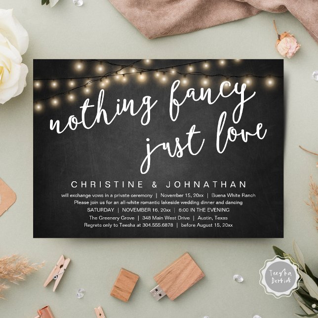 Convites Nada de Luxo, Apenas Amor Jantar de Casamento Rúst (Nothing Fancy, Just Love Rustic Wedding Dinner Invitation Card PDF String Lights Grey Chalkboard)