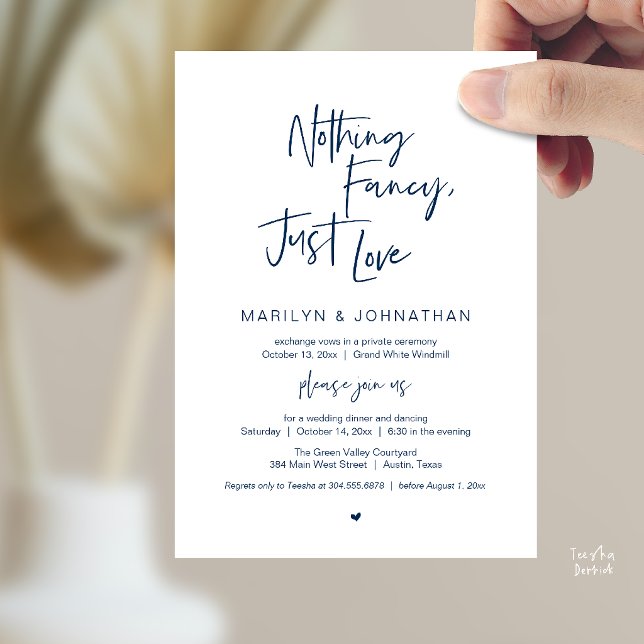 Convites Nada de Luxo, Apenas Amor, Jantar de Recepção Mode (Nothing Fancy Just Love, Modern Reception Dinner Invitation Card in Navy Blue)