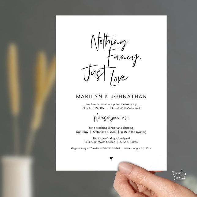 Convites Nada de Luxo, Apenas Amor, Jantar de Recepção Mode (Nothing Fancy Just Love, Modern Reception Dinner Invitation Card in Black and White)