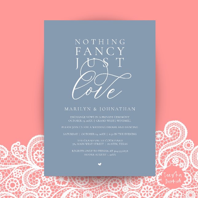 Convites Nada de Luxo, Apenas Amor, Jantar de Recepção Mode (Nothing Fancy Just Love, Modern Reception Dinner Invitation Card in Dusty Blue)