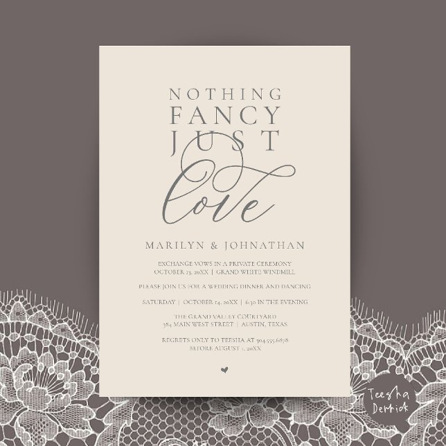 Convites Nada de Luxo, Apenas Amor, Jantar de Recepção Mode (Nothing Fancy Just Love, Modern Reception Dinner Invitation Card in Cream and Grey)