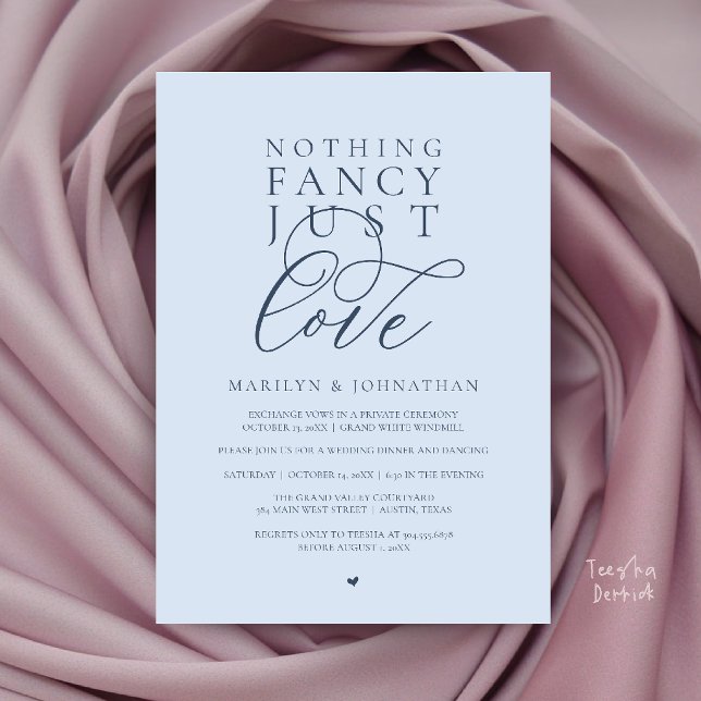 Convites Nada de Luxo, Apenas Amor, Jantar de Recepção Mode (Nothing Fancy Just Love, Modern Reception Dinner Invitation Card in Dusty Blue Romance)