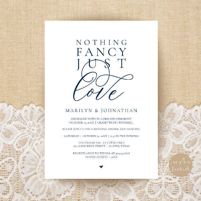 Convites Nada de Luxo, Apenas Amor, Jantar de Recepção Mode (Nothing Fancy Just Love, Modern Reception Dinner Invitation Card in Navy Blue)