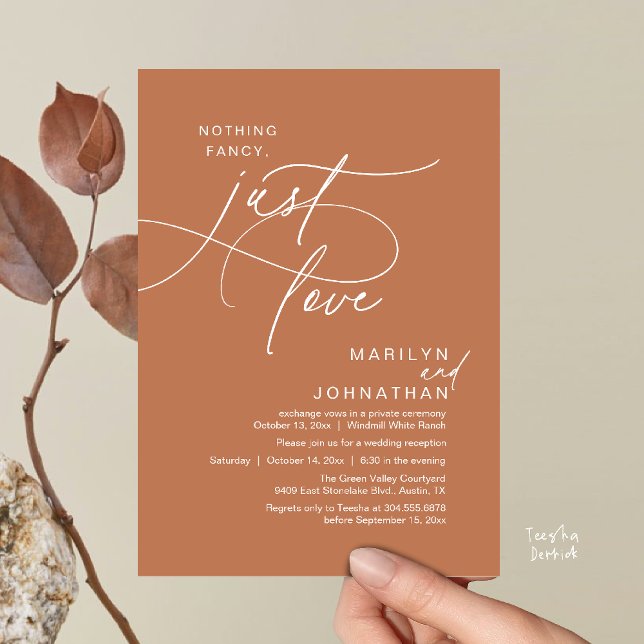 Convites Nada de Luxo, Apenas Amor, Jantar Romântico de Cas (Nothing Fancy, Just Love, Modern Romantic Wedding Reception Dinner Invites Card Earthy Brown Copper)