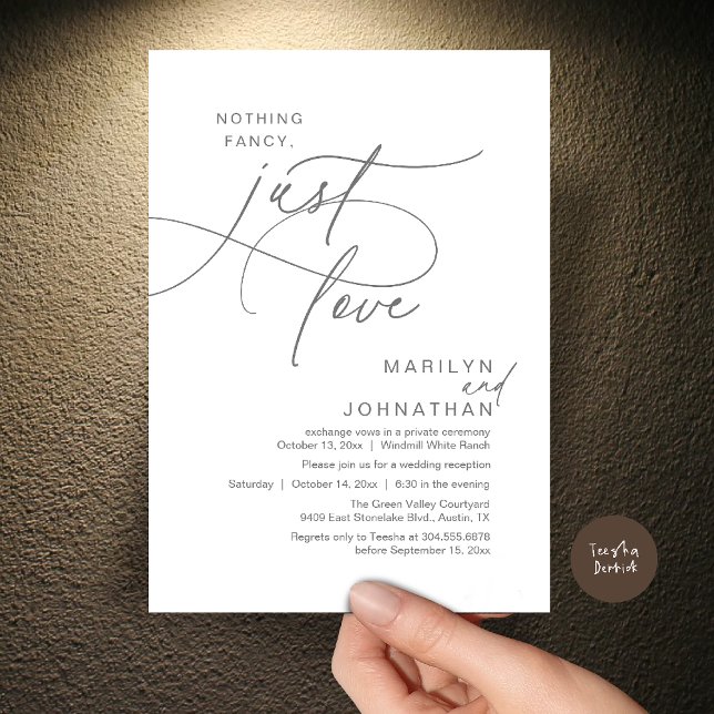 Convites Nada de Luxo, Apenas Amor, Jantar Romântico de Cas (Nothing Fancy, Just Love, Modern Romantic Wedding Reception Dinner Invitation Card in Dark Grey)