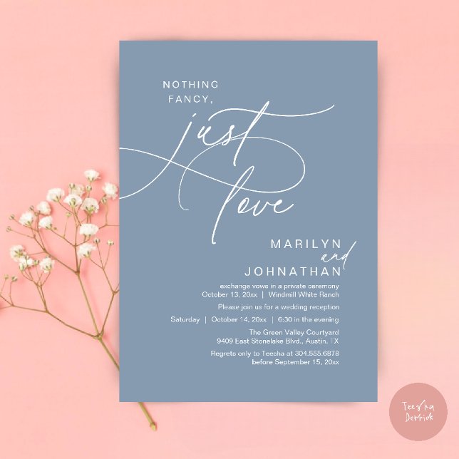 Convites Nada de Luxo, Apenas Amor, Jantar Romântico de Cas (Nothing Fancy, Just Love, Modern Romantic Wedding Reception Dinner Invitation Card in Dusty Blue)