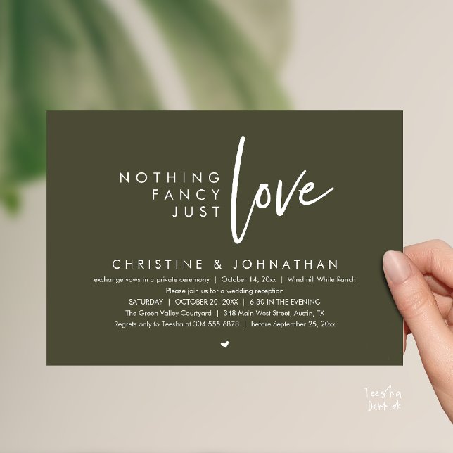 Convites Nada de Luxo, Apenas Amor, Recepção de Casamento M (Nothing Fancy, Just Love, Modern Wedding Reception Dinner Lunch Brunch Invitation Card Olive Green)
