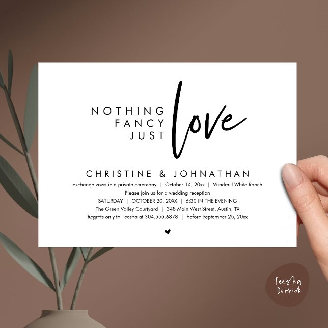 Convites Nada de Luxo, Apenas Amor, Recepção de Casamento M (Nothing Fancy, Just Love, Modern Wedding Reception Dinner Lunch Brunch Invitation Card Black White)