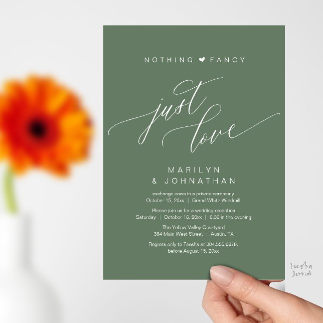 Convites Nada de Luxo, Apenas Amor Recepção de Casamento Mo (Nothing Fancy Just Love Modern Wedding Reception Dinner Invitation Card in Sage Green)