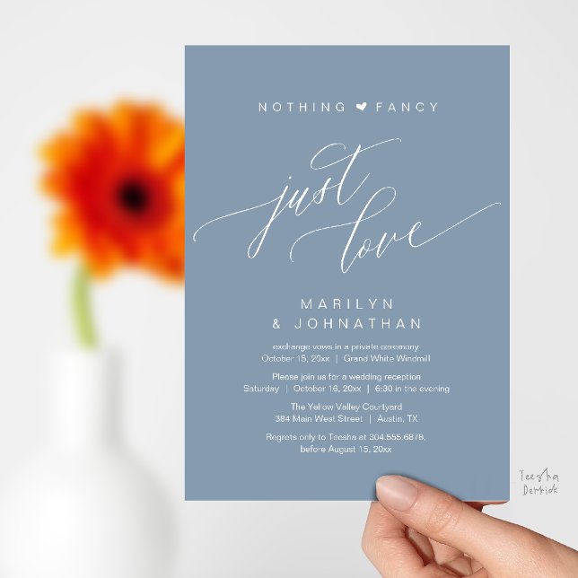 Convites Nada de Luxo, Apenas Amor Recepção de Casamento Mo (Nothing Fancy Just Love Modern Wedding Reception Dinner Invitation Card in Dusty Blue)