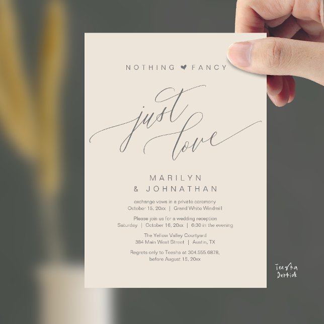 Convites Nada de Luxo, Apenas Amor Recepção de Casamento Mo (Nothing Fancy Just Love Modern Wedding Reception Dinner Invitation Card in Cream Grey)