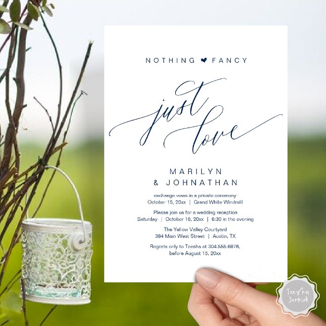 Convites Nada de Luxo, Apenas Amor Recepção de Casamento Mo (Nothing Fancy Just Love Modern Wedding Reception Dinner Invitation Card in Navy Blue)