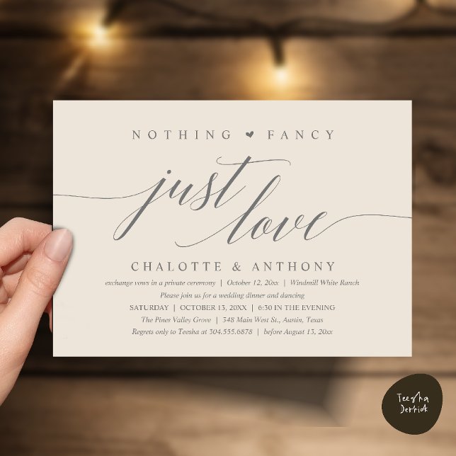 Convites Nada de Luxo, Apenas Amor, Recepção Moderna e Eleg (Modern Classy Nothing Fancy, Just Love, Wedding Reception Dinner Invitation Card in Cream and Grey)