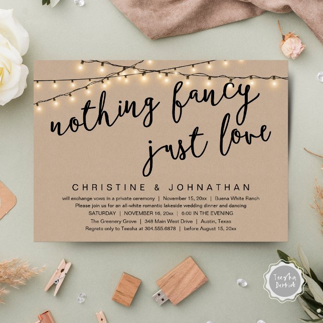 Convites Nada de Luxo, Apenas Jantar de Casamento Rústico A (Nothing Fancy, Just Love Rustic Wedding Dinner Invitation Card PDF String Lights Brown kraft)