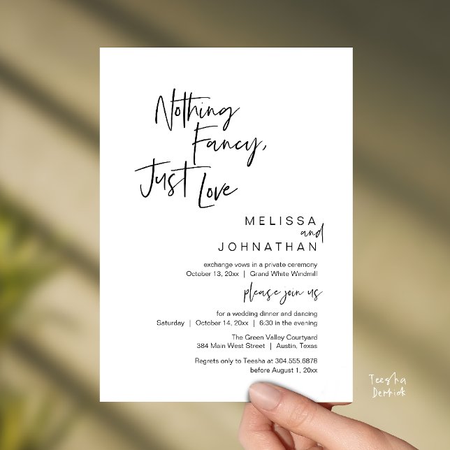 Convites Nada de Luxo, Só Amor, Jantar de Casamento Moderno (Nothing Fancy Just Love, Modern Wedding Dinner Invitation Card in Black and White)