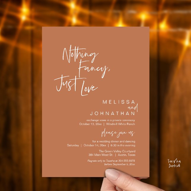Convites Nada de Luxo, Só Amor, Jantar de Casamento Moderno (Nothing Fancy Just Love, Modern Wedding Reception Dinner Lunch Brunch Invites Card in Copper Brown)