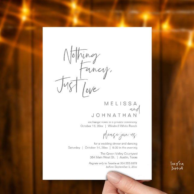 Convites Nada de Luxo, Só Amor, Jantar de Casamento Moderno (Nothing Fancy Just Love, Modern Wedding Reception Dinner Lunch Brunch Invites Card in Dark Grey)