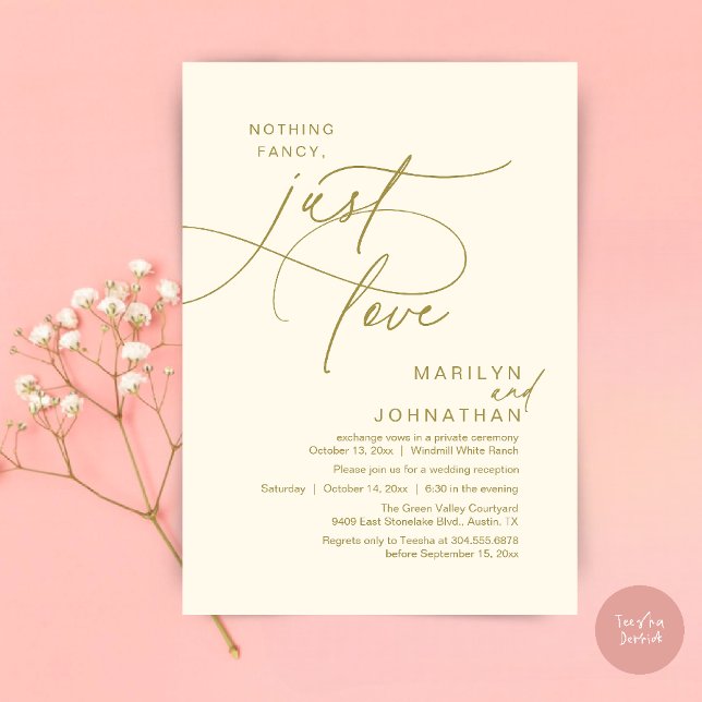 Convites Nada de Luxo, Só Amor, Jantar Romântico de Casamen (Nothing Fancy, Just Love, Modern Romantic Wedding Reception Dinner Invitation Card in Yellow Gold)