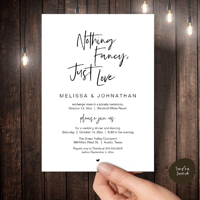 Convites Nada de Luxo, Só Amor, Recepção de Casamento Moder (Nothing Fancy Just Love, Modern Wedding Reception Dinner Lunch Brunch Invites Card Black white)