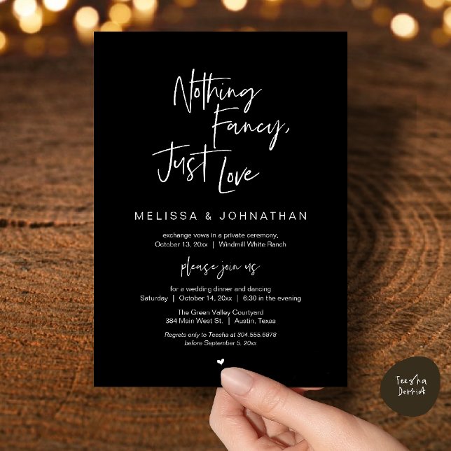Convites Nada de Luxo, Somente Amor, Recepção de Casamento  (Nothing Fancy Just Love, Modern Wedding Reception Dinner Lunch Brunch Invites Card Classy Black)