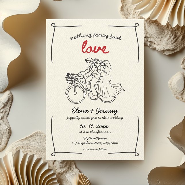Convites Nada De Rico Adora A Mão De Moto Desenhada (Nothing fancy just love wedding invitation hand drawn whimsical quirky motorcycle bike aesthetic)