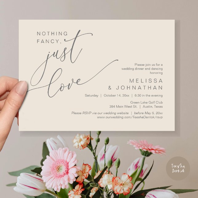 Convites Nada de Rico, apenas amor, dança Jantada de casame (Nothing Fancy, Just Love, Wedding Romantic Dinner Dancing Invitation Card, PDF, in Grey Cream)