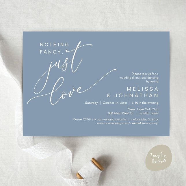 Convites Nada de Rico, apenas amor, dança Jantada de casame (Nothing Fancy, Just Love, Wedding Romantic Dinner Dancing Invitation Card, PDF, in Dusty Blue)