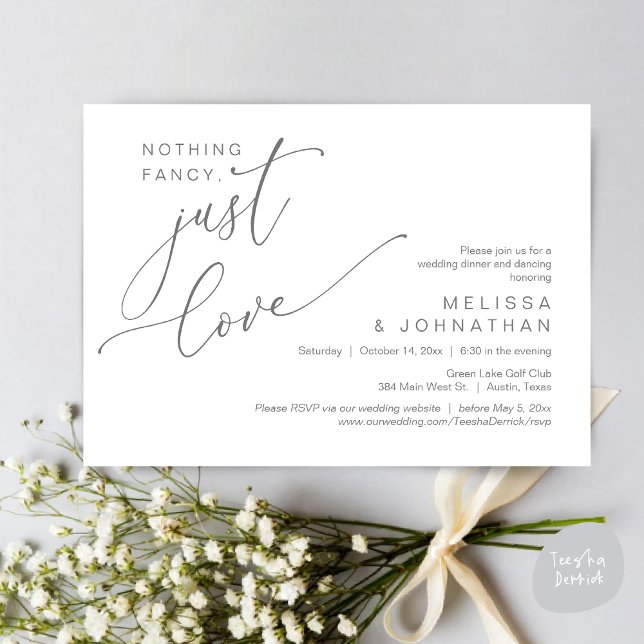 Convites Nada de Rico, apenas amor, dança Jantada de casame (Nothing Fancy, Just Love, Wedding Romantic Dinner Dancing Invitation Card, PDF, in Dark Grey)