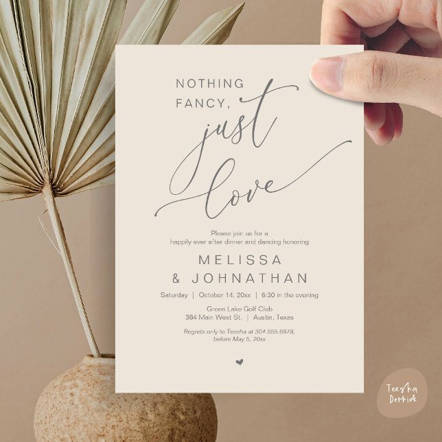 Convites Nada de Rico, apenas amor, dança Jantada de casame (Nothing Fancy, Just Love, Romantic Wedding Dinner Dancing Invitation Card, PDF, in Cream Grey)
