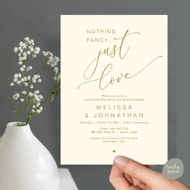 Convites Nada de Rico, apenas amor, dança Jantada de casame (Nothing Fancy, Just Love, Romantic Wedding Dinner Dancing Invitation Card, PDF, in Yellow Gold)
