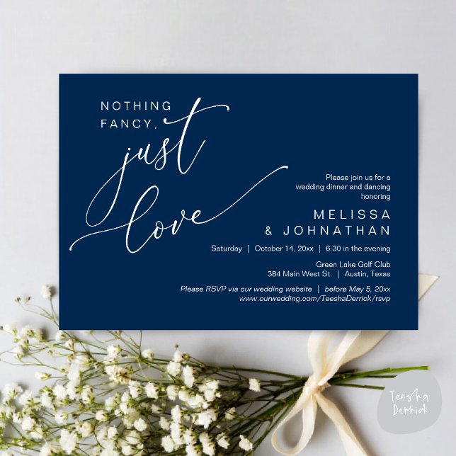 Convites Nada de Rico, apenas amor, dança Jantada de casame (Nothing Fancy, Just Love, Wedding Romantic Dinner Dancing Invitation Card, PDF, in Navy Blue)